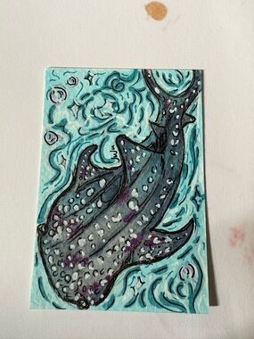 ACEO original Art Card 2.5x3.5” Whale Shark Oceanic Song #1 Signed Illustration